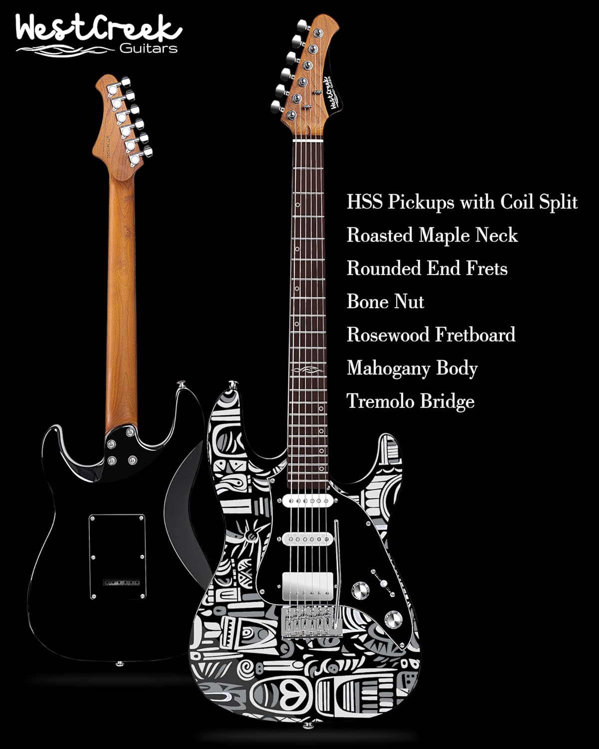 WestCreek JX-20 Solid Body Electric Guitar, HSS Pickups with Coil Split, Roasted Maple Neck, Rounded End Frets, Bone Nut, Rosewood Fretboard, Mahogany Body (Native BW)