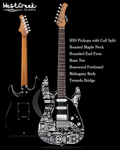 WestCreek JX-20 Solid Body Electric Guitar, HSS Pickups with Coil Split, Roasted Maple Neck, Rounded End Frets, Bone Nut, Rosewood Fretboard, Mahogany Body (Native BW)